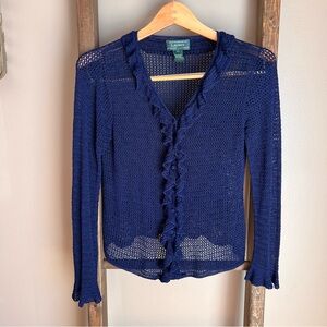 Lauren Ralph Lauren Navy Open-Knit Dainty Ruffle Cardigan